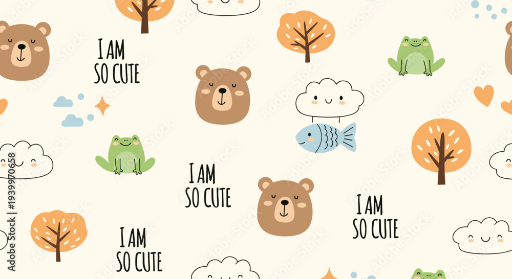 Naklejka premium Adorable nursery seamless pattern with bears frogs fish clouds and trees on a warm cream background for kids decor.