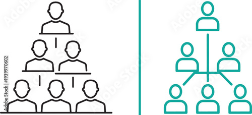 Linear vector icons showing diverse team structures and organizational hierarchies. Includes black outlines alongside vibrant orange, blue, pink, purple, teal, and brown color variations.