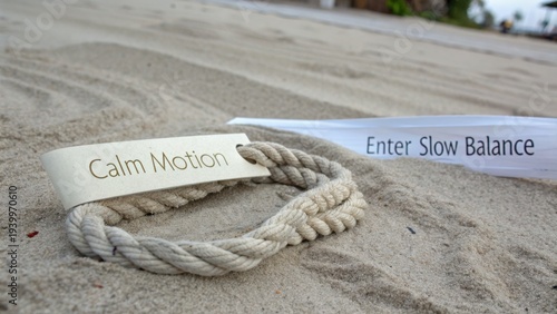 Tranquil Beach Scene with Calm Motion Rope and Enter Slow Balance Sign on Soft Sandy Shoreline
