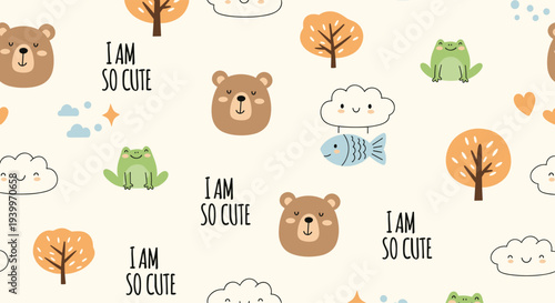 Adorable nursery seamless pattern with bears frogs fish clouds and trees on a warm cream background for kids decor.