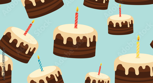 Sweet seamless pattern with chocolate layer cakes topped with white icing and a single burning candle on blue.
