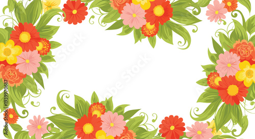 Colorful floral frame with flower arrangements in corners and a white central space for custom text or invitations.