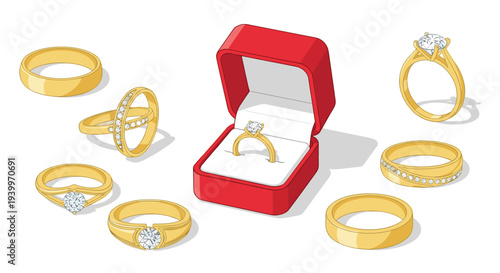 Extensive collection of golden wedding and engagement rings with diamonds including a ring in a red velvet box.