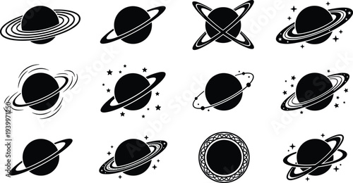 Black silhouette vector set of Saturn planets with rings and stars in various celestial styles for outer space galaxy astronomy and science education design