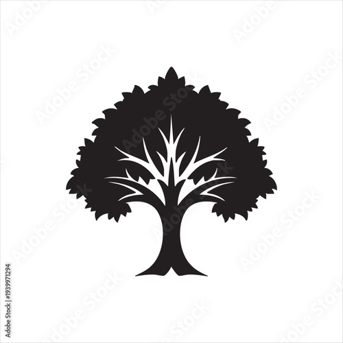WebBlack tree icon representing nature growth and life. Simple vector illustration of deciduous plant with broad crown and sturdy trunk.