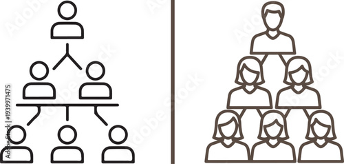 Linear vector icons showing organizational hierarchies and team structures. Features black outlines alongside vibrant orange, blue, and brown versions depicting leadership and professional groups.