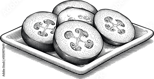 Sliced zucchini vegetable circles on wooden tray vintage engraving illustration