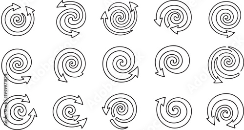 Black and white spiral arrows in circular patterns