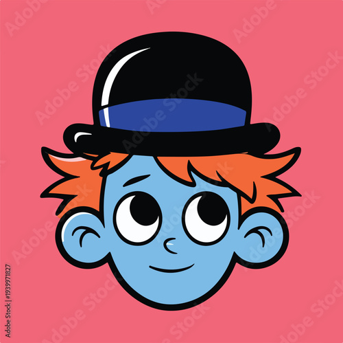 This charming cartoon character displays a unique blue face, spiky orange hair, and a stylish black bowler hat featuring a striking blue band.