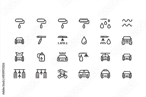 Car Wash and Vehicle Cleaning Outline Icon Set