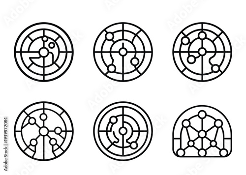 Set of geometric abstract icons resembling radar screens or alien symbols, black outline