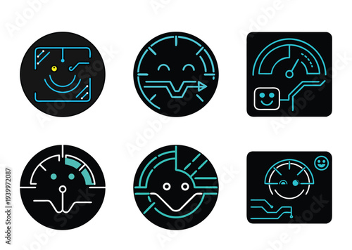 Set of six stylized cybernetic icons featuring smileys in black and turquoise