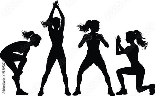 Black silhouettes of athletic women in various workout and fitness poses including squats stretching and arm exercises isolated on white background for health design