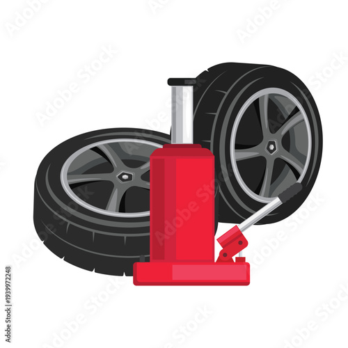 a pair of car wheels and a red jack vector illustration element design.