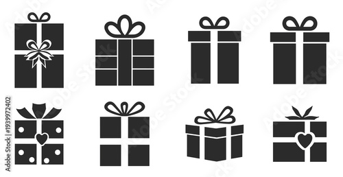  various gift box icons with bows and hearts on a white 
