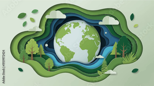 Earth surrounded by green landscape with trees water and clouds symbolizing environmental conservation and sustainability