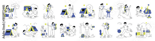 collection of camping fun line illustrations