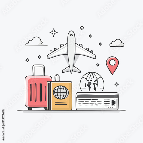 Minimalist line art illustration of travel essentials including luggage, passport, credit card, airplane, and globe on a white background with a red location pin.