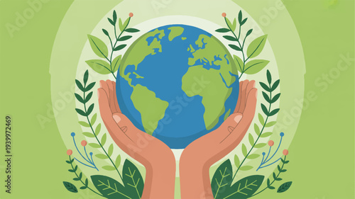 Hands cradling earth globe with lush greenery symbolizing environmental care and sustainability