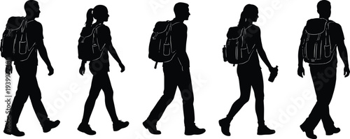 Black silhouettes of diverse men and women hikers with backpacks walking in various poses isolated on white background for travel outdoor adventure and backpacking