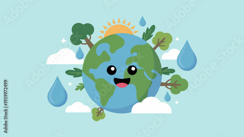 Happy earth with smiling face surrounded by trees clouds raindrops and sun on light blue background symbolizing eco friendly environment and sustainability