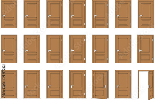 Set of wooden door vectors with classic panels and silver handles showing different stages of opening for architectural visualization and game design.