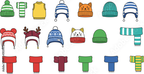 Colorful winter clothing vector set featuring knitted beanies with pom poms, animal ears, earflaps, and matching striped scarves for seasonal fashion and cold weather apparel design.
