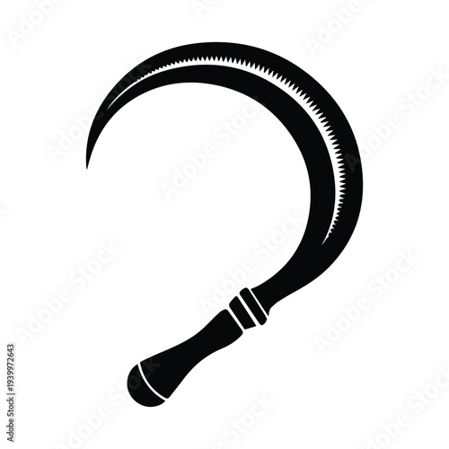 Scythe with sharp blade and wooden handle