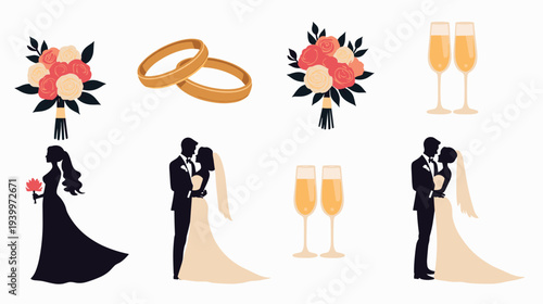 wedding themed illustration with flowers rings champagne