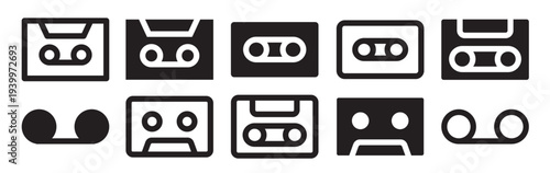  cassette icon set line and solid style for retro audio