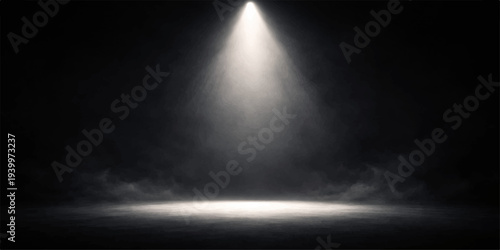 A bright spotlight pierces the dark night sky to illuminate the stage backdrop where a storm of fog and smoke creates a textured design of blue clouds against the black moon