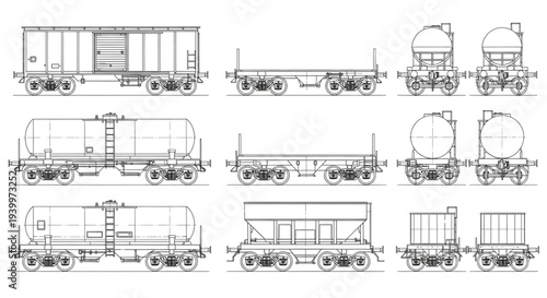 Railcar Freight Wagon Set AutoCAD Blueprint Vector – Multi View Railway Transport Technical Drawing
