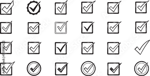 Collection of black and white checkmark in various styles and shapes