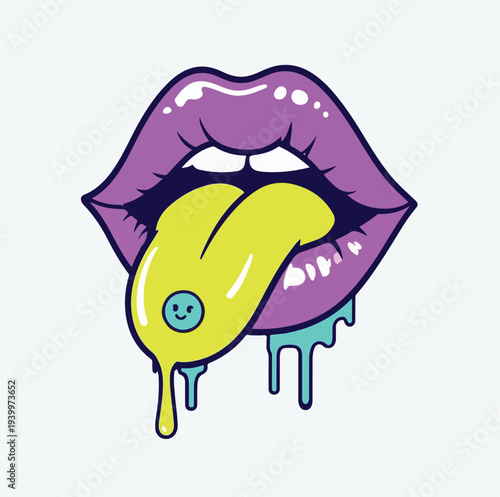 Vibrant cartoon illustration of glossy purple lips sticking out a dripping neon yellow tongue with a small face detail.