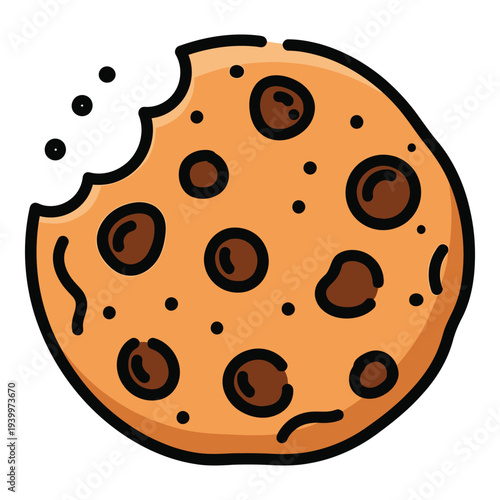 A cartoon chocolate chip cookie with a bite taken out of it icon