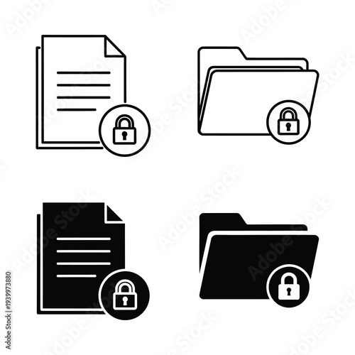 Black and white file folder and document security icons with padlock symbols icon