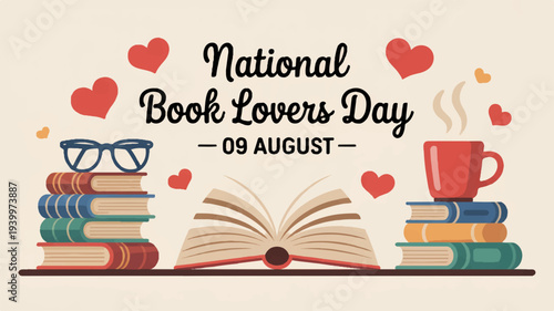 National book lovers day celebration with books glasses and coffee on august 9th symbolizing reading and literature