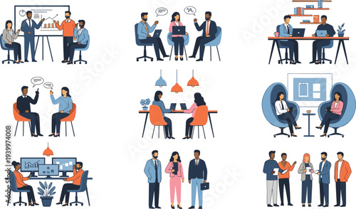 Collection of professional business people working in offices, conducting meetings, giving presentations, collaborating on projects, cad drawing flat vector illustration.