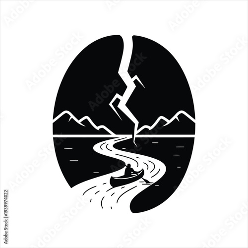 Canoeist navigates winding river towards lightning strike splitting dark sky over mountains, symbolizing perilous journey