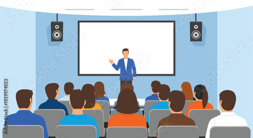 Professional speaker giving presentation in modern lecture hall with audience sitting in rows, white projection screen, flat vector illustration, cad drawing.