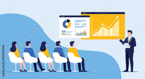 Business presentation with professional speaker showing growth charts and data analytics to an audience sitting in chairs, flat vector illustration.