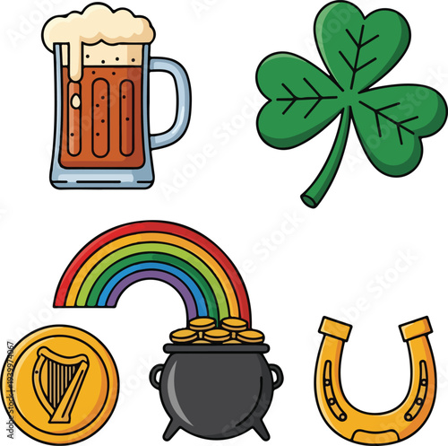 A collection of traditional St. Patrick's Day symbols including a beer mug, shamrock, rainbow with a pot of gold, harp coin, and horseshoe.