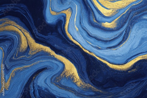 Fluid, abstract design featuring swirls of sapphire blue and shimmering gold