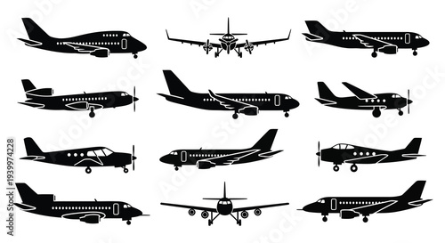 A collection of various airplane types presented as black silhouettes showcasing aviation designs high quality professional