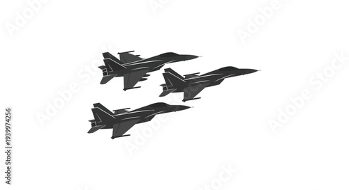 Four military fighter jets fly in formation leaving vapor trails across the sky silhouette high quality