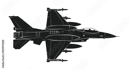 A detailed black silhouette of a military fighter jet showcasing its aerodynamic design silhouette high quality
