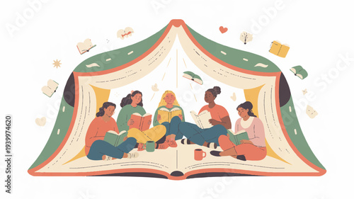 Group of people camping and having fun inside a colorful tent at night with friends