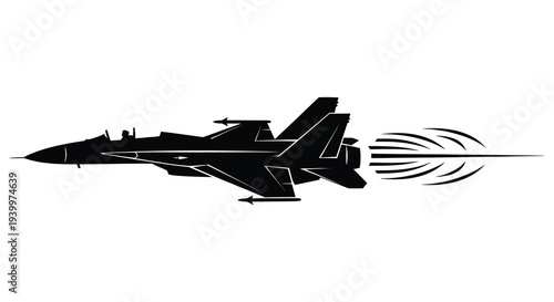 A sleek jet fighter aircraft in fast flight leaving a trail of motion silhouette high quality