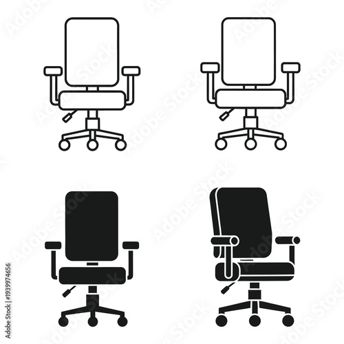Four office chairs in different styles and colors for various design uses icon