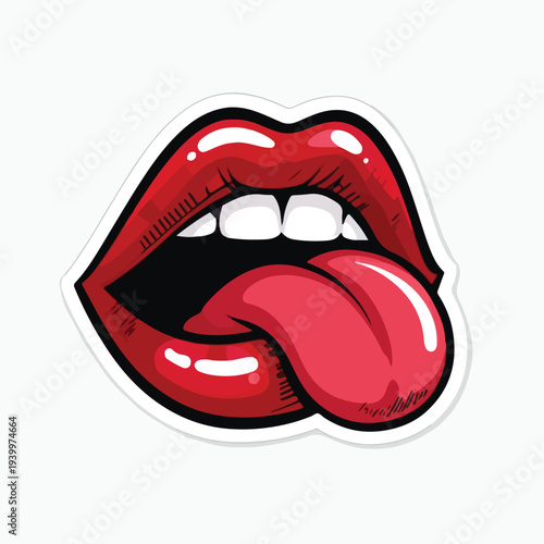 Stylized comic book illustration of glossy red lips playfully sticking out a vibrant pink tongue sticker design.